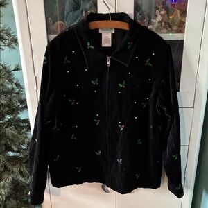 Quacker Factory sz L Velvety Black Embroidered Women's Jacket euc holly berries